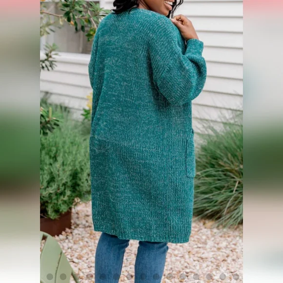 Cozy Dark Teal Duster Cardigan. NWT. Pockets!  Marled. - Picture 6 of 12